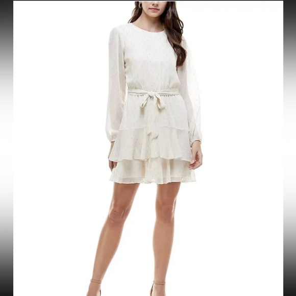 CITY Studio Juniors' Lurex Dot Ruffled Fit & Flare Dress Color Cream Size S - Picture 2 of 12